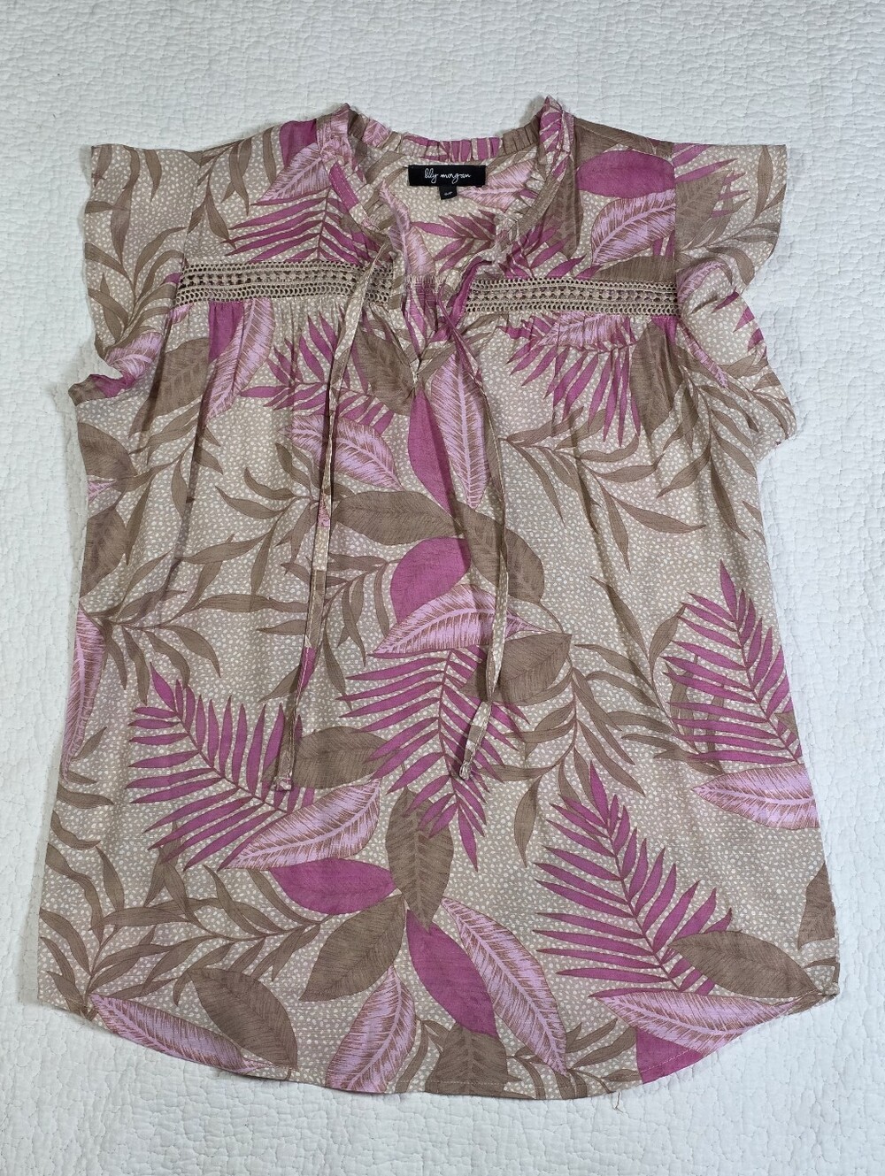 lily morgan Tropical Floral Pink Tan V-Neck Flutter Sleeve Blouse